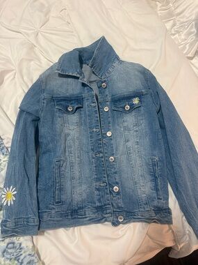 Denim Jacket with Daisy Embroidery - Blue